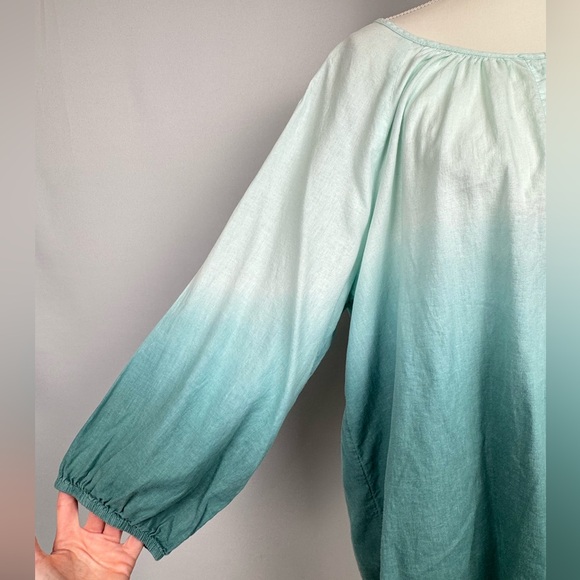 J. Jill Pure Jill Dip Dyed Peasant Style Blouse Linen Blend Ombré Teal 2X Beachy - Picture 5 of 8